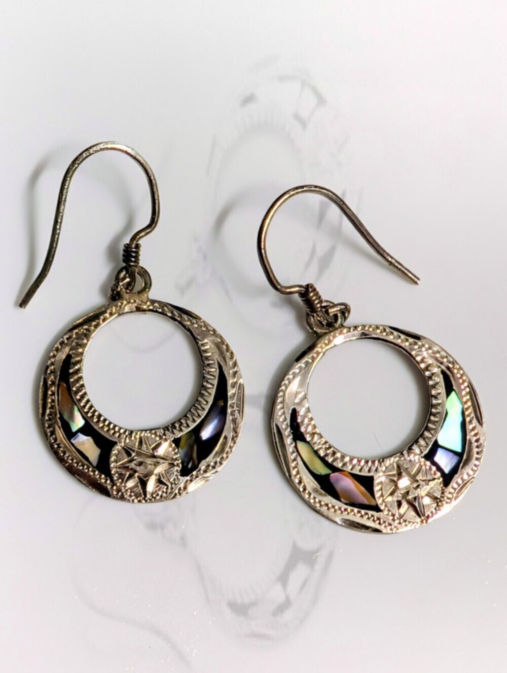 Vintage 925 Sterling Silver & Abalone Inlay Hoop Drop Earrings